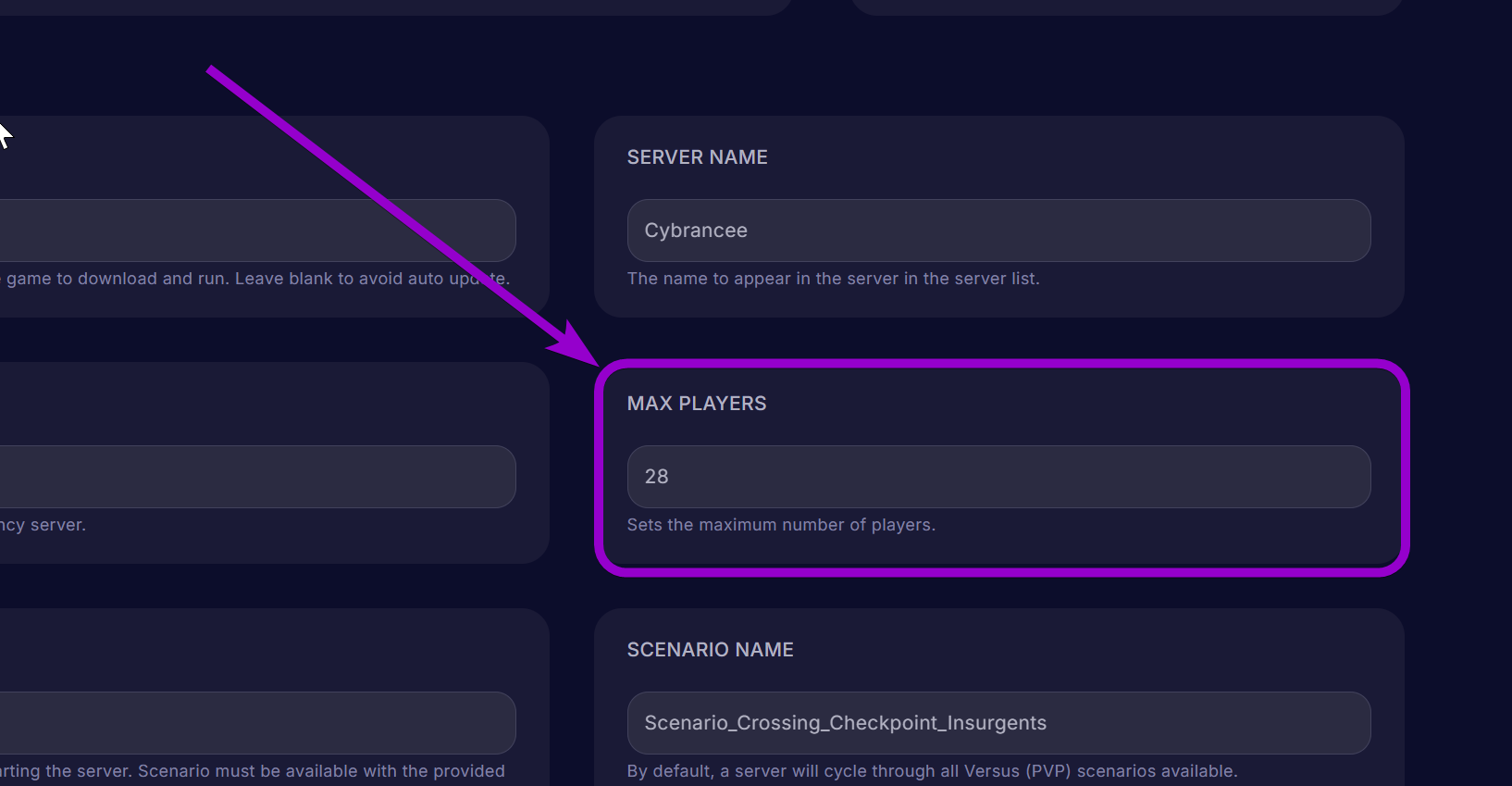 'Max Player' outlined with arrow in Cybrancee Panel