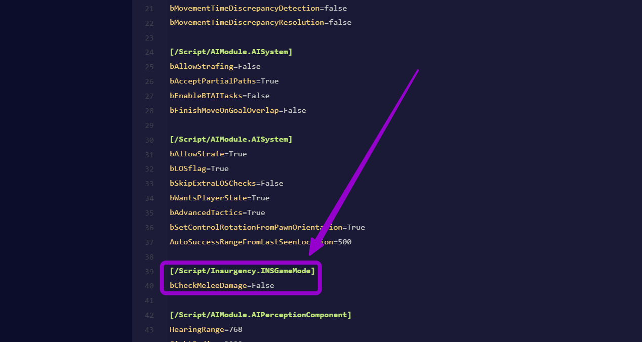 'bCheckMeleeDamage' outlined with arrow 