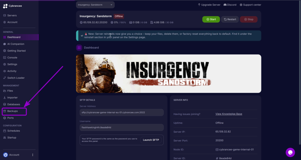 'Backup' Tab outlined with arrow