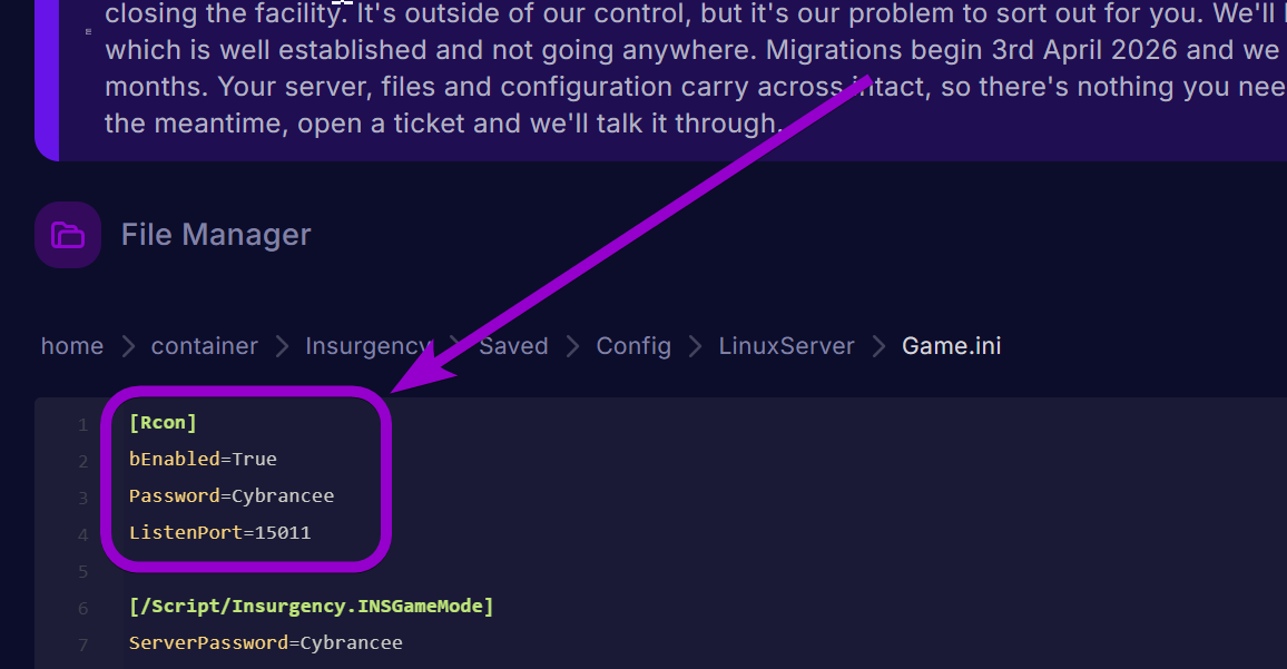 'Rcon' commands outlined with arrow