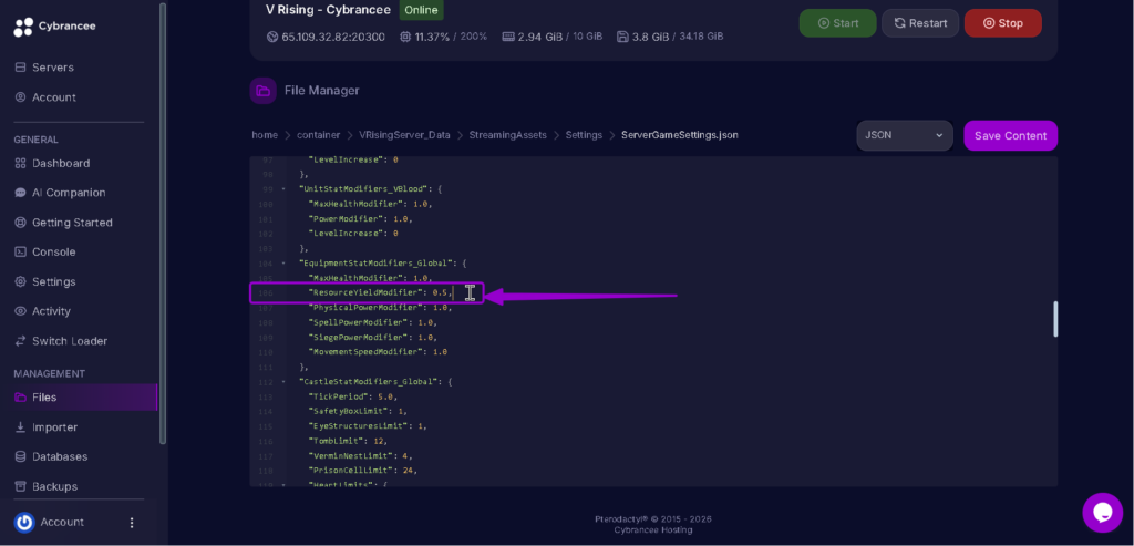 Vrising resourceyieldmodifier decreased highlighted with arrow