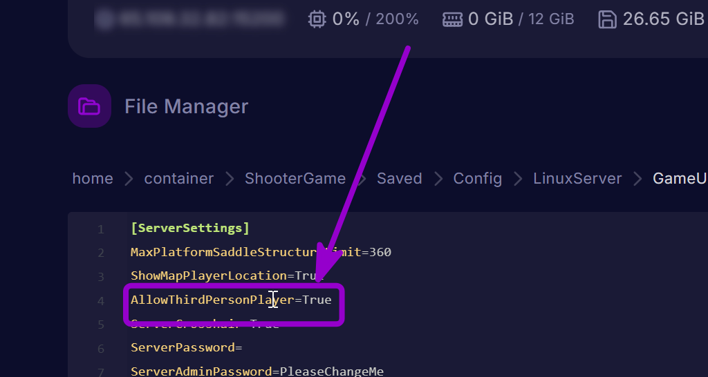 'AllowThirdPersonPlayer' outlined with arrow