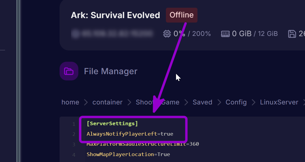 'AlwaysNotifyPlayerLeft' outlined with arrow