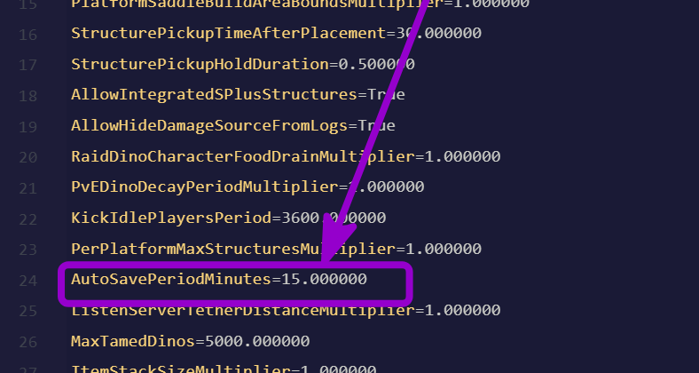 'AutoSavePeriodMinutes' outlined with arrow