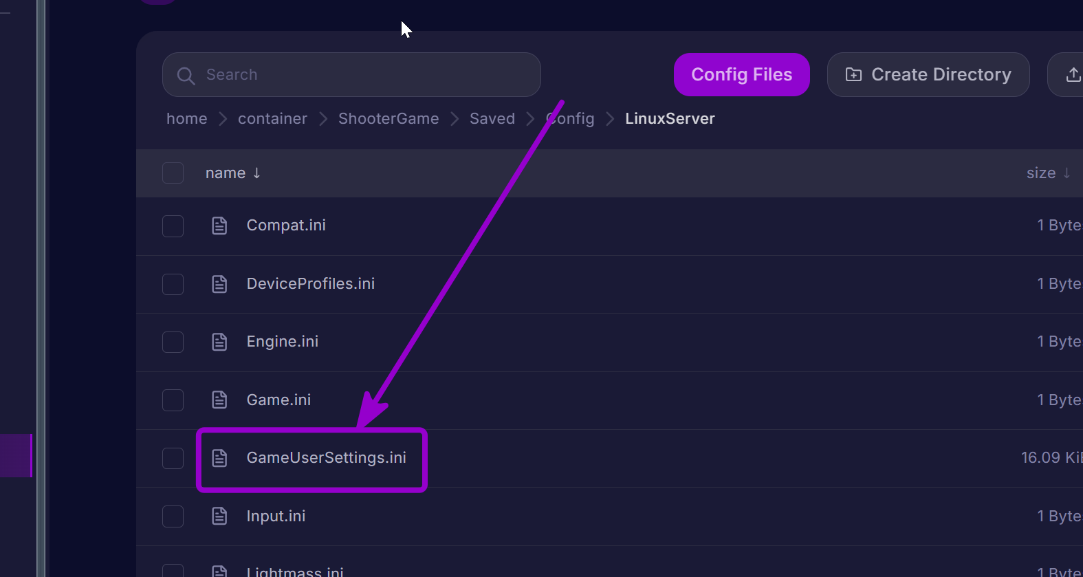 'GameUserSettings.ini' outlined with arrow