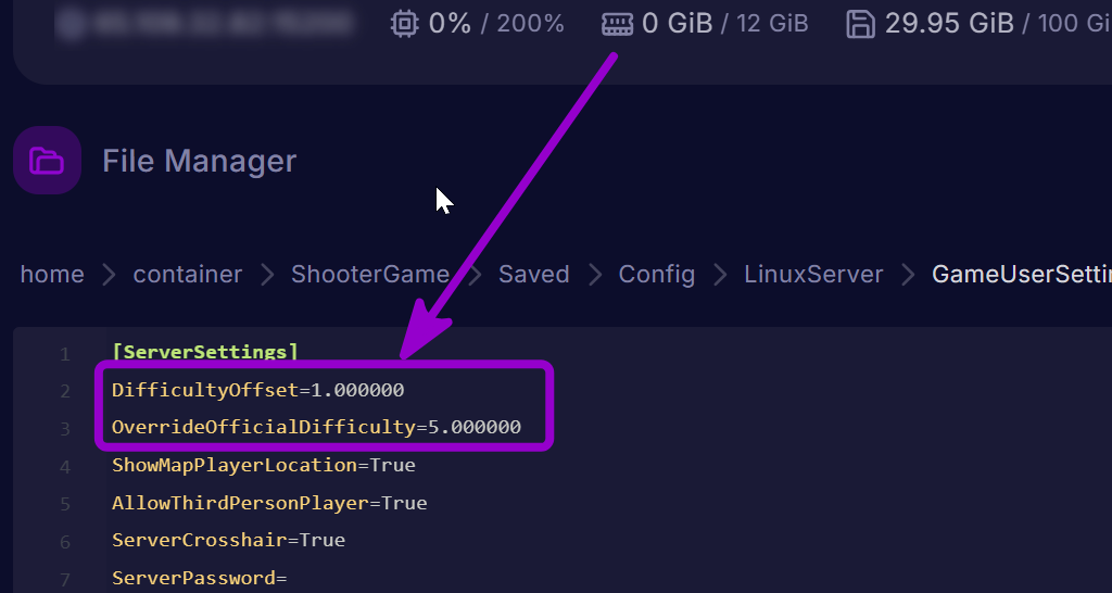 'DifficultyOffset and
OverrideOfficialDifficulty' outlined with arrow