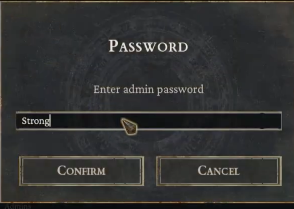 Password entry prompt in Conan Exiles for admin authentication