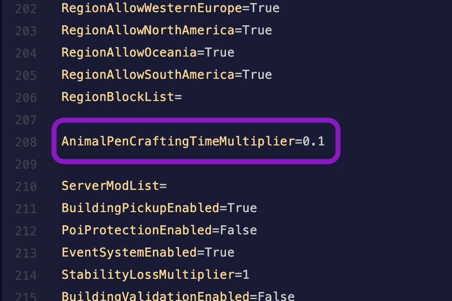 Text editor showing the ServerSettings.ini file with the AnimalPenCraftingTimeMultiplier line highlighted