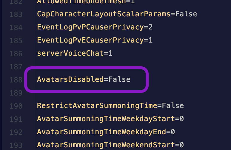 Text editor showing the ServerSettings.ini file with the AvatarsDisabled line highlighted