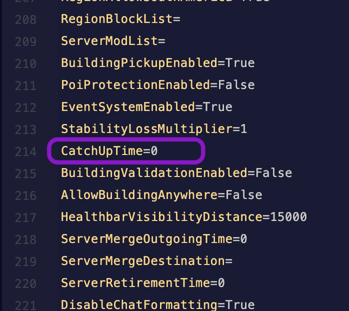Text editor showing the ServerSettings.ini file with the CatchUpTime line highlighted
