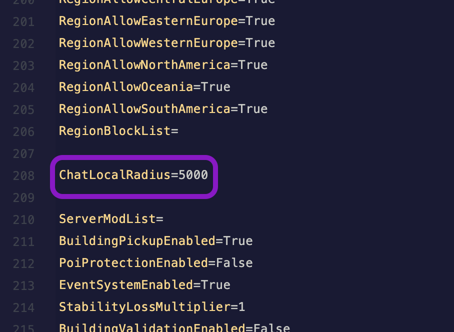 Text editor showing the ServerSettings.ini file with the ChatLocalRadius line highlighted