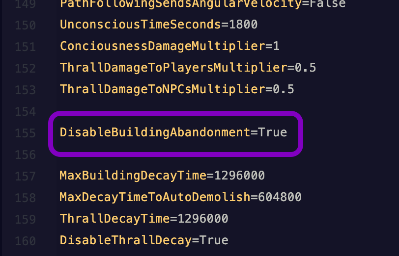Text editor showing the ServerSettings.ini file with the DisableBuildingAbandonment line highlighted