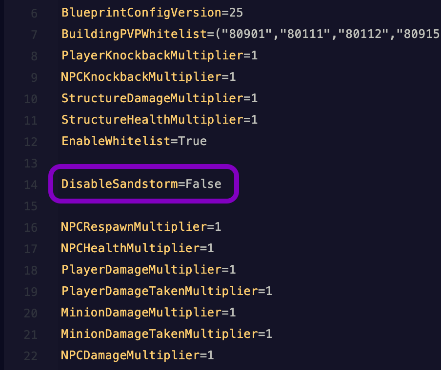 Text editor showing the ServerSettings.ini file with the DisableSandstorm line highlighted