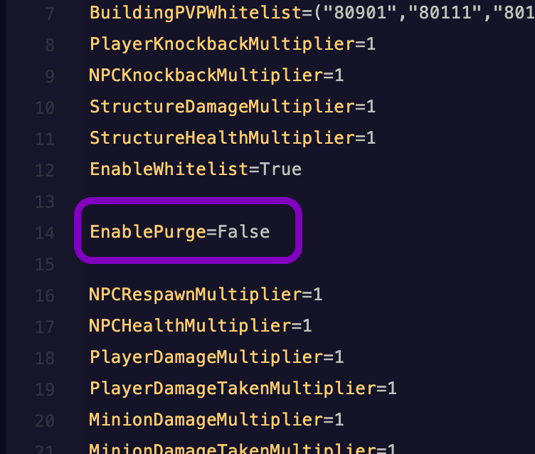 Text editor showing the ServerSettings.ini file with the EnablePurge line highlighted