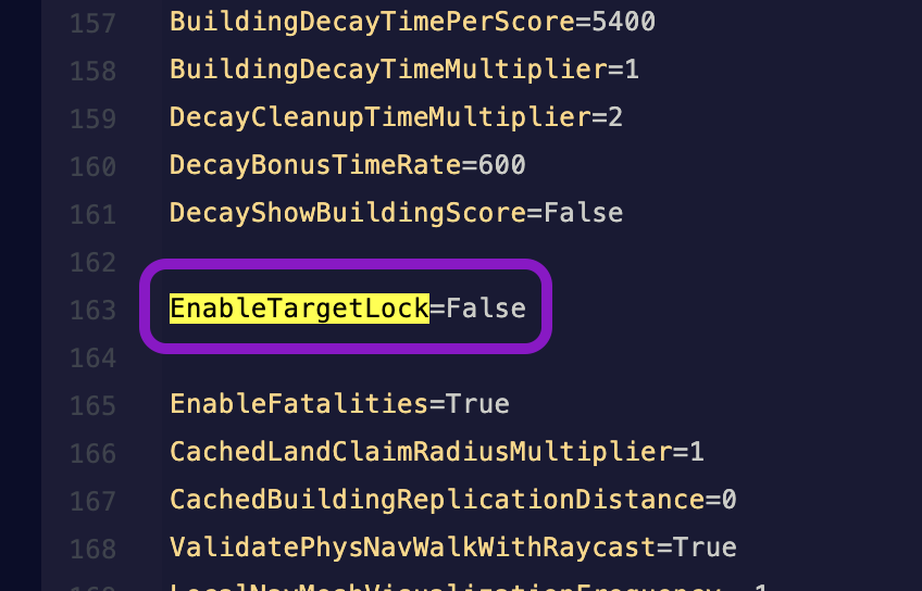Text editor showing the ServerSettings.ini file with the EnableTargetLock line highlighted