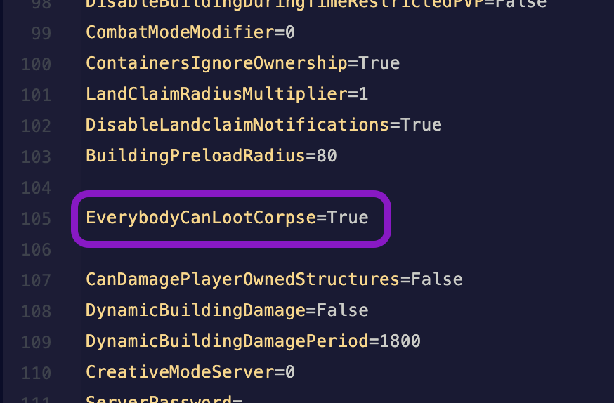 Text editor showing the ServerSettings.ini file with the EverybodyCanLootCorpse line highlighted