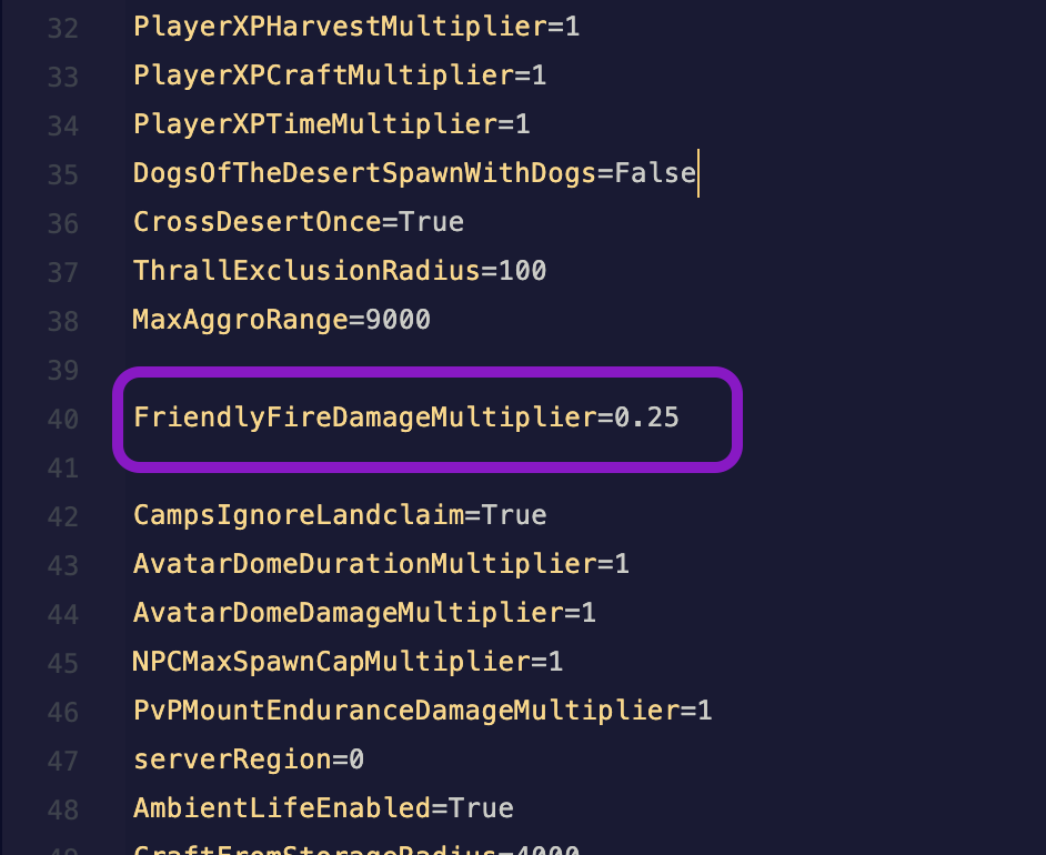 Text editor showing the ServerSettings.ini file with the FriendlyFireDamageMultiplier line highlighted