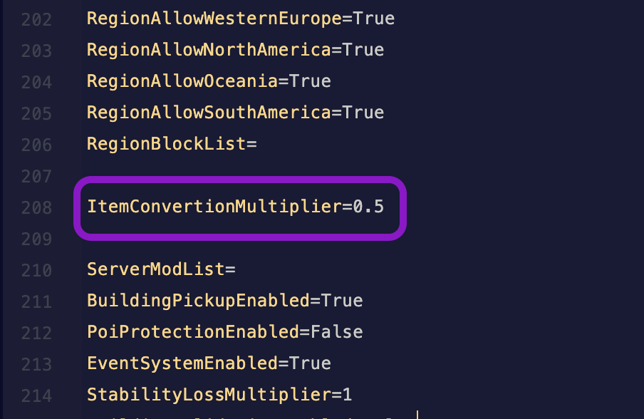 Text editor showing the ServerSettings.ini file with the ItemConvertionMultiplier line highlighted