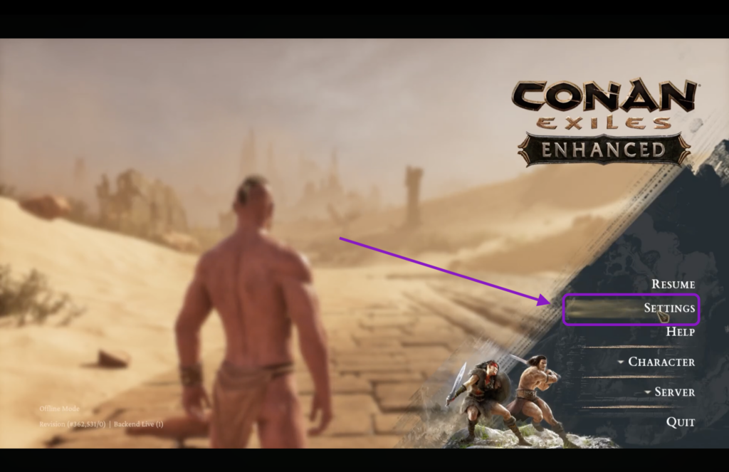 Conan Exiles main menu with an arrow pointing to the Settings option