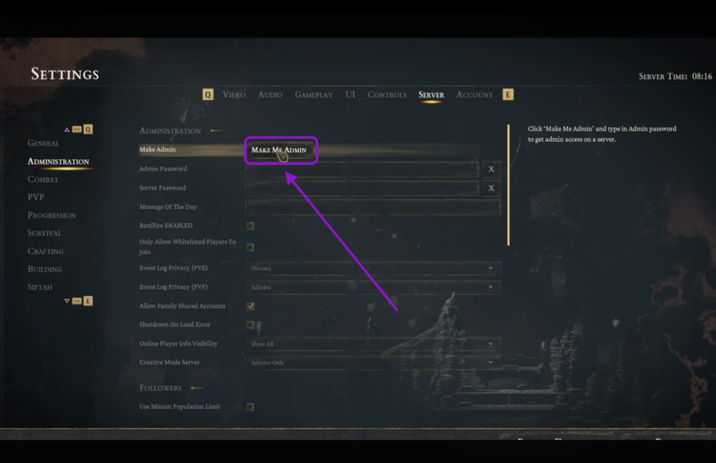 Server administration settings showing the Make Me Admin button highlighted