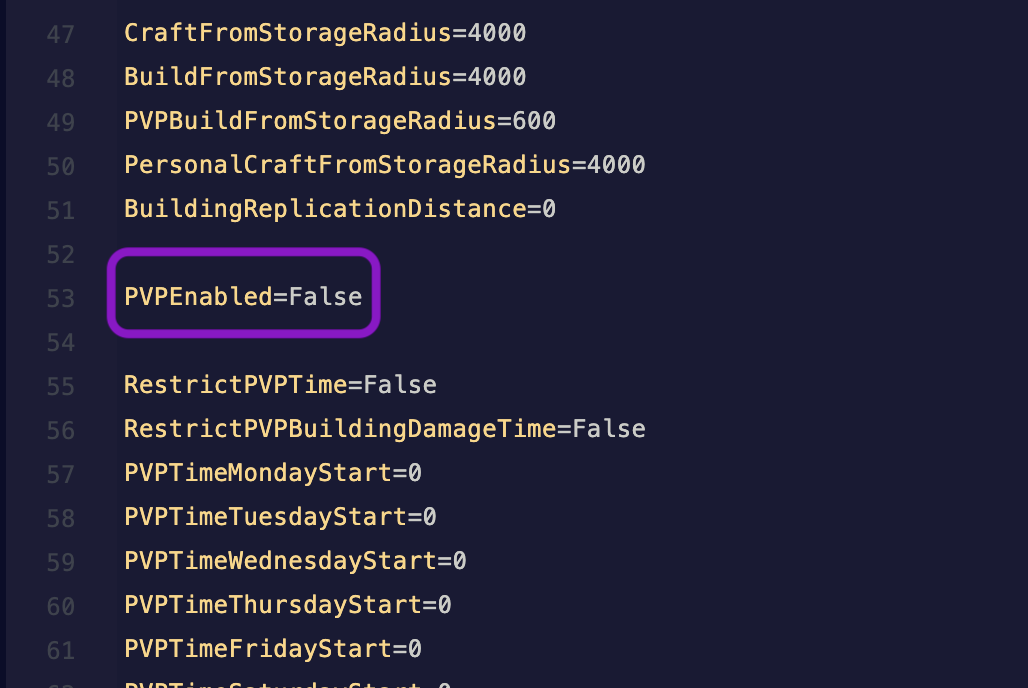Text editor showing the ServerSettings.ini file with the PVPEnabled line highlighted