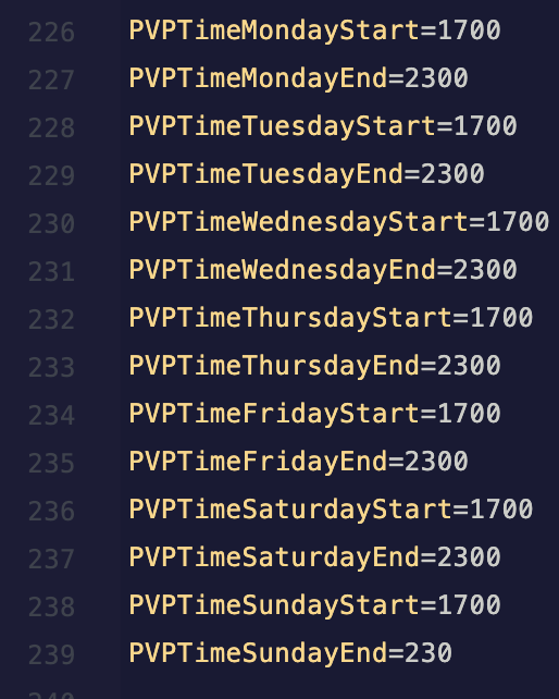 Text editor showing the ServerSettings.ini file with the daily PVP start and end times configured
