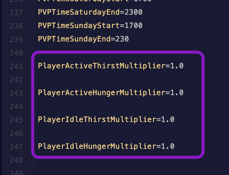 Text editor showing the ServerSettings.ini file with the active and idle player hunger and thirst multiplier lines highlighted