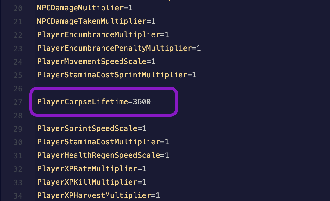 Text editor showing the ServerSettings.ini file with the PlayerCorpseLifetime line highlighted