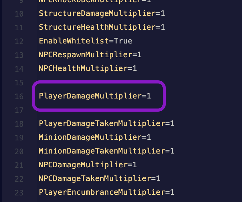Text editor showing the ServerSettings.ini file with the PlayerDamageMultiplier line highlighted