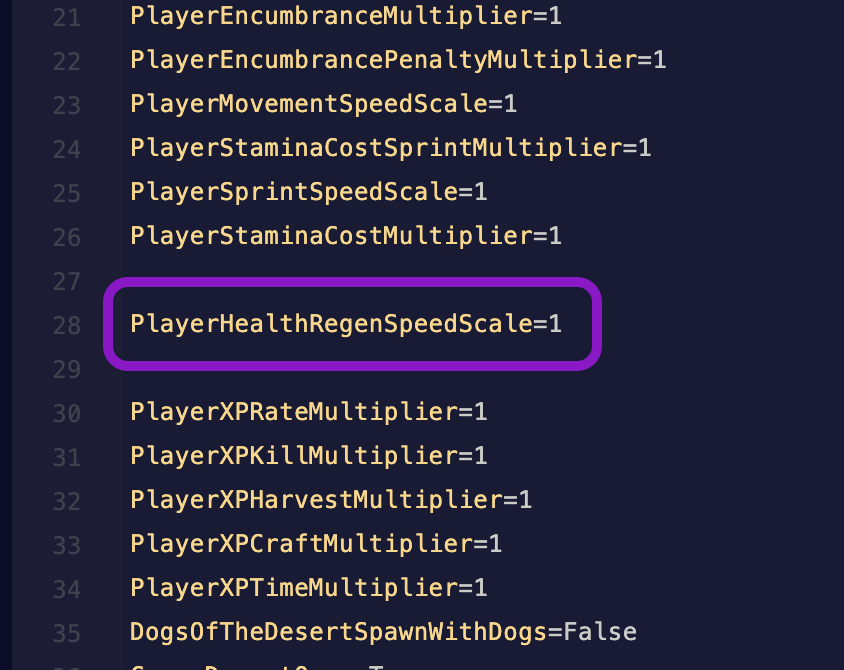 Text editor showing the ServerSettings.ini file with the PlayerHealthRegenSpeedScale line highlighted