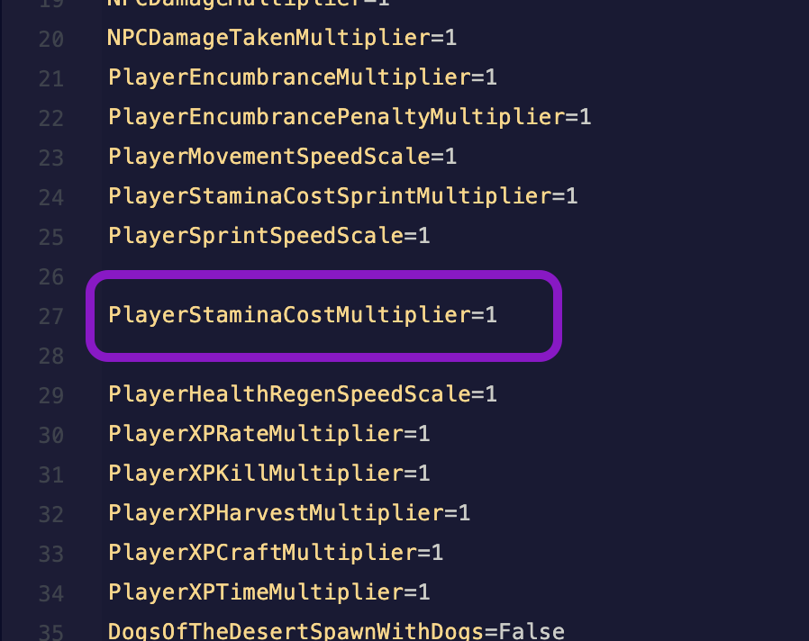 Text editor showing the ServerSettings.ini file with the PlayerStaminaCostMultiplier line highlighted