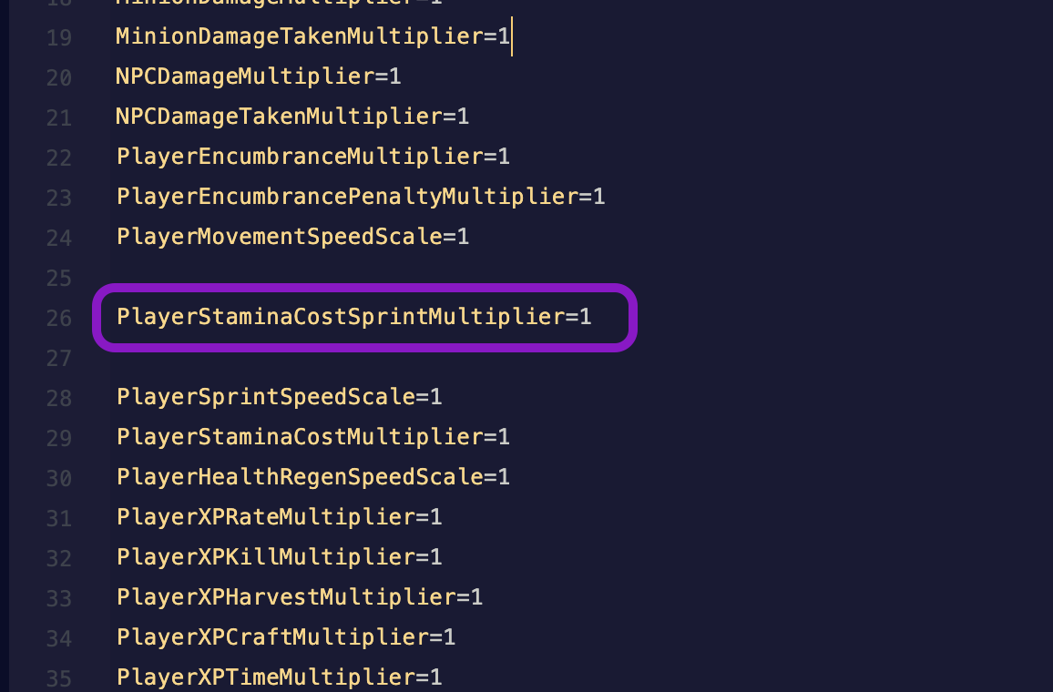 Text editor showing the ServerSettings.ini file with the PlayerStaminaCostSprintMultiplier line highlighted