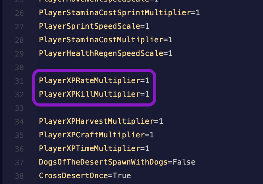 Text editor showing the ServerSettings.ini file with the PlayerXPRateMultiplier and PlayerXPKillMultiplier lines highlighted