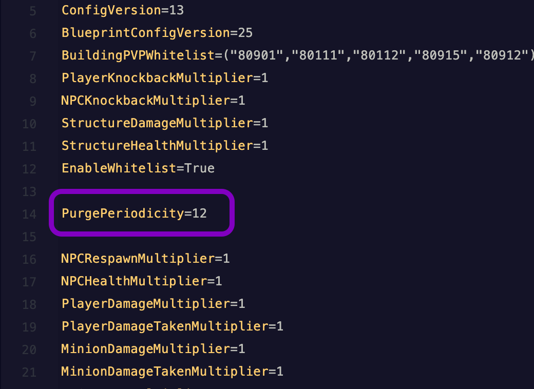 Text editor showing the ServerSettings.ini file with the PurgePeriodicity line highlighted