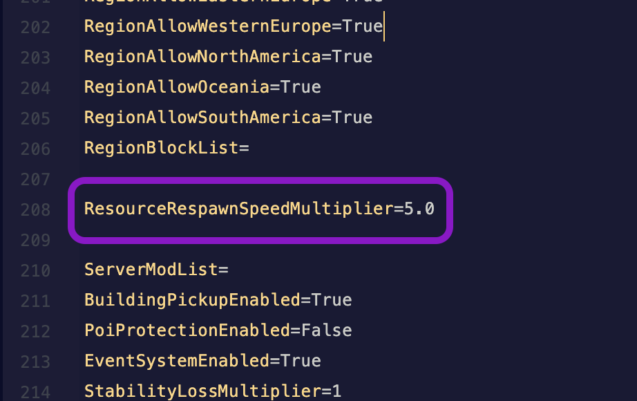 Text editor showing the ServerSettings.ini file with the ResourceRespawnSpeedMultiplier line highlighted