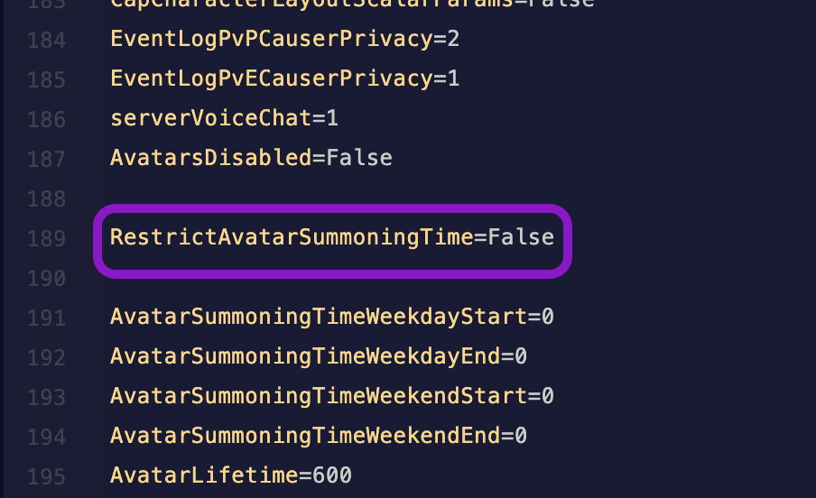 Text editor showing the ServerSettings.ini file with the RestrictAvatarSummoningTime line highlighted