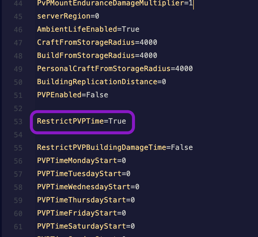 Text editor showing the ServerSettings.ini file with the RestrictPVPTime line highlighted
