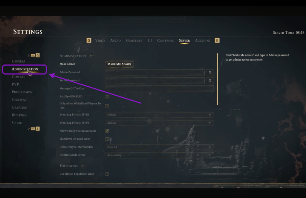Server settings menu highlighting the Administration option on the left sidebar