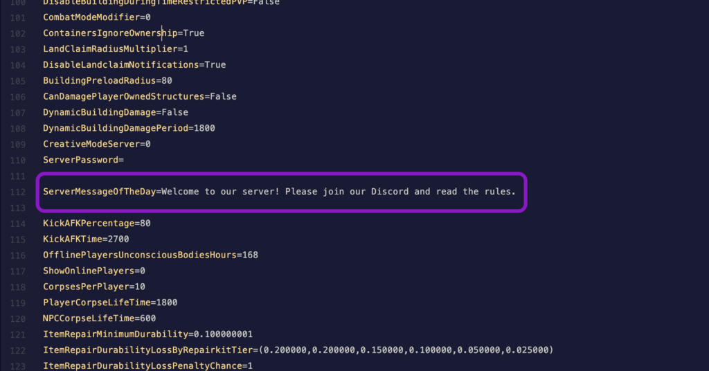 Text editor showing the ServerSettings.ini file with the ServerMessageOfTheDay line highlighted