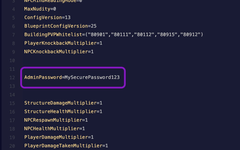 Text editor showing the ServerSettings.ini file with the AdminPassword line highlighted