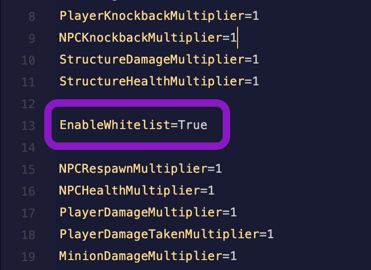 Text editor showing the ServerSettings.ini file with the EnableWhitelist=True line highlighted
