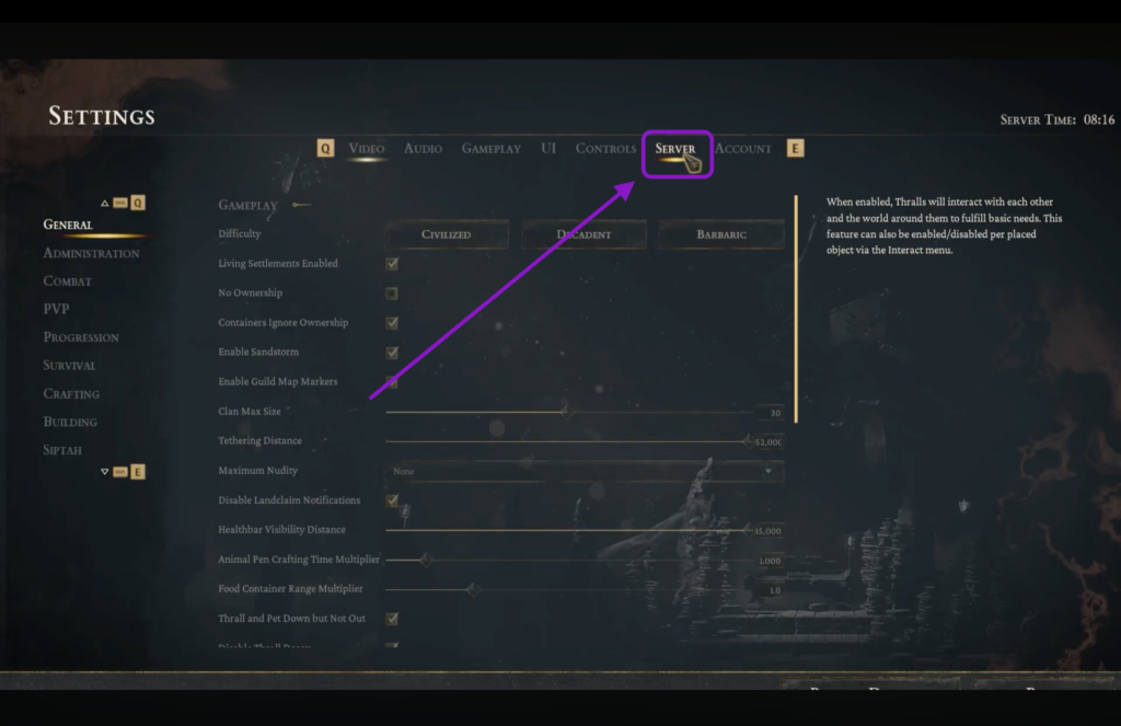 Settings menu in Conan Exiles with an arrow pointing to the Server tab at the top