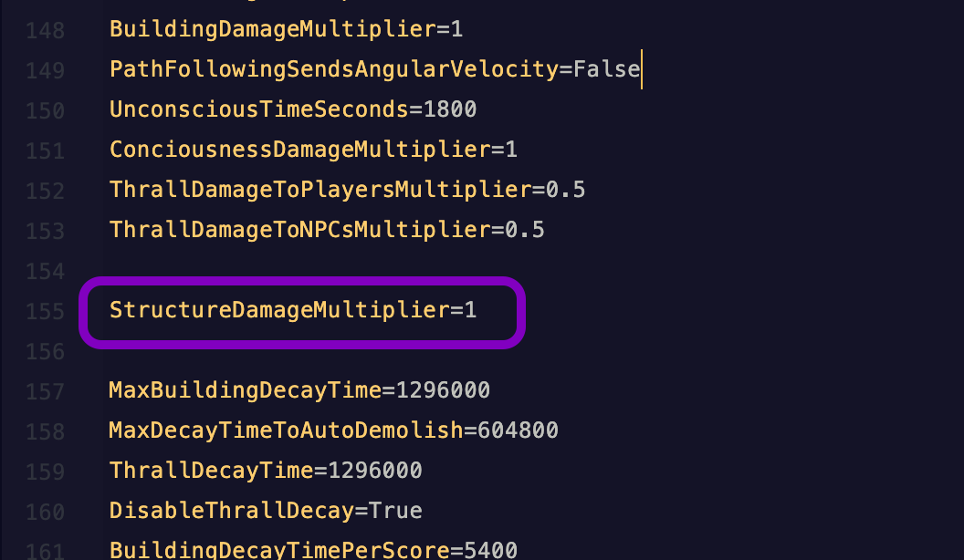 Text editor showing the ServerSettings.ini file with the StructureDamageMultiplier line highlighted