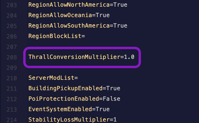 Text editor showing the ServerSettings.ini file with the ThrallConversionMultiplier line highlighted