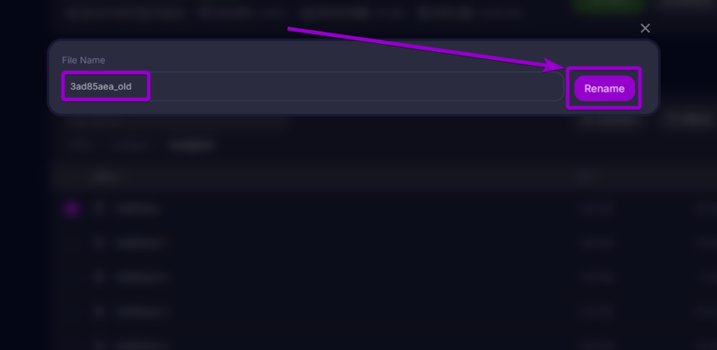 File manager popup showing a file being renamed to 3ad85aea_old with a purple arrow pointing to the Rename confirmation button.