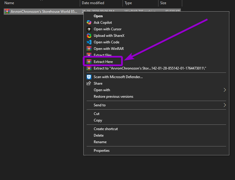 Windows right-click context menu over a compressed file with a purple box and arrow highlighting the Extract Here option.