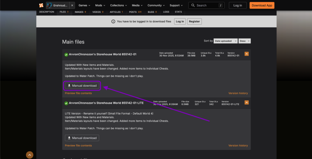 exus Mods webpage for ArvronChronozon's Storehouse with a purple arrow pointing to the Manual download button.