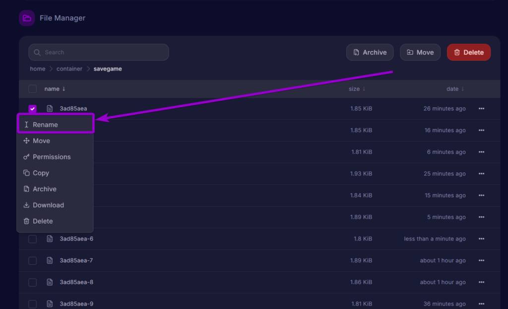 File manager interface showing a purple box and arrow highlighting the Rename option in the file context menu.