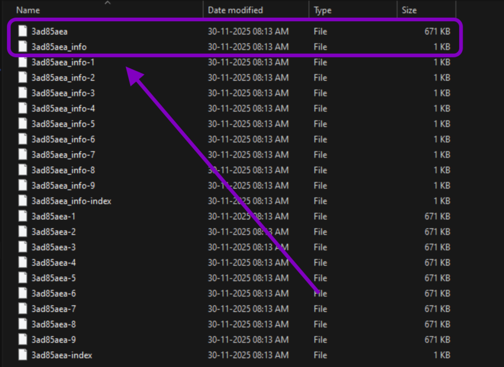 Windows file explorer showing a list of save files with a purple box and arrow highlighting the essential 3ad85aea and 3ad85aea_info files.