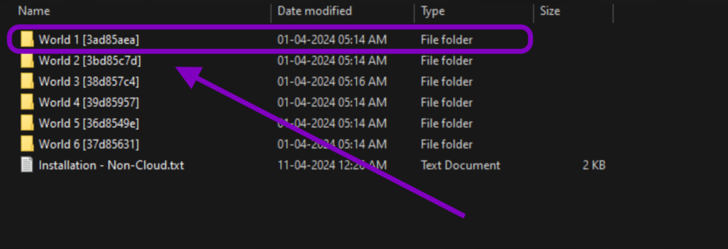 Windows file explorer showing a list of world folders with a purple box and arrow highlighting the World 1 save folder.